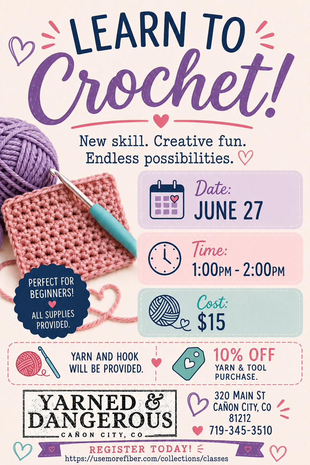 Learn to Crochet, June 27, 1PM to 2PM