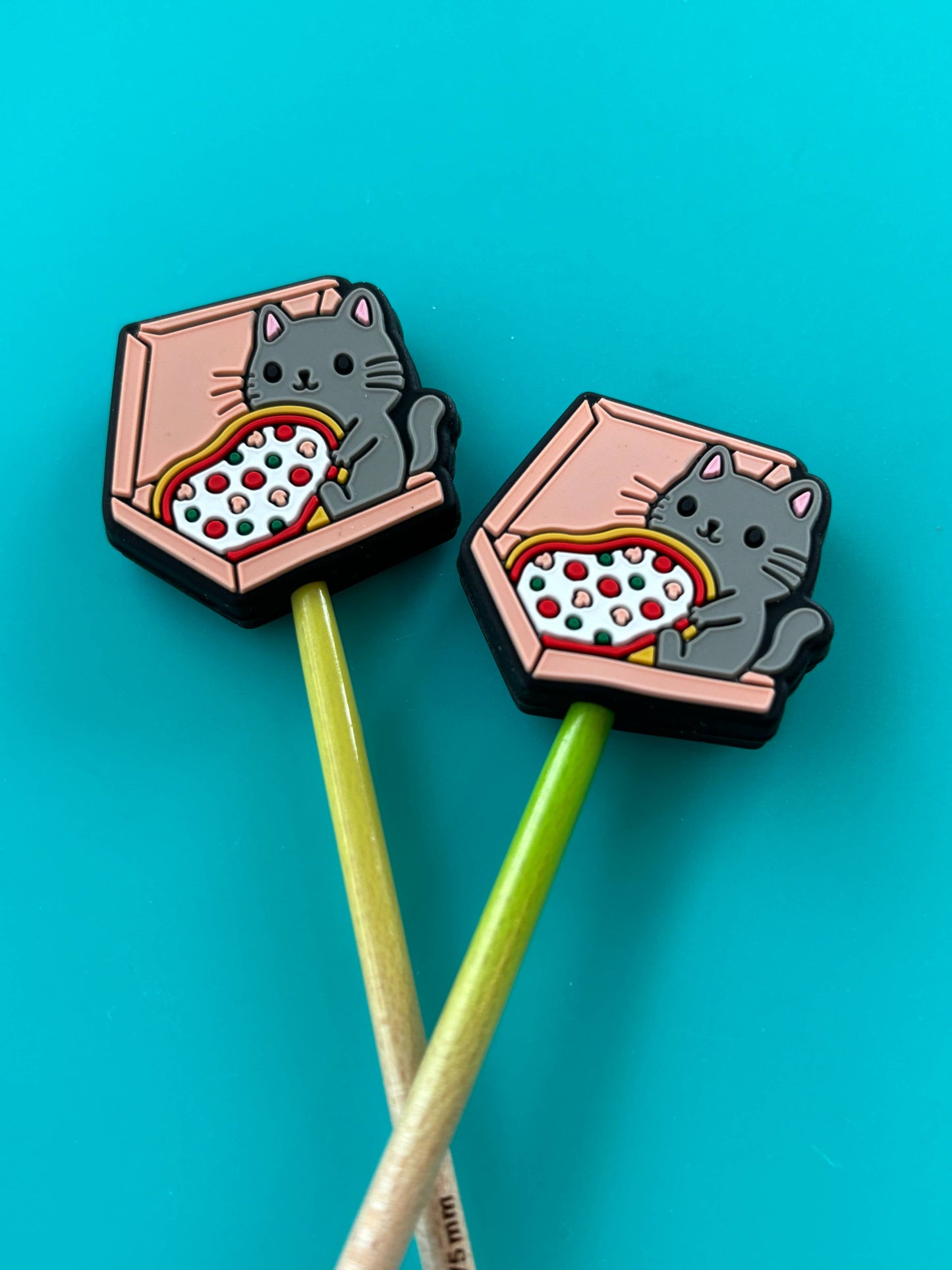 Knitting Needle Point Protectors Cat on Pizza Box Food