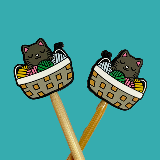Knitting Needle Point Protectors Grey Cat Basket Yarn