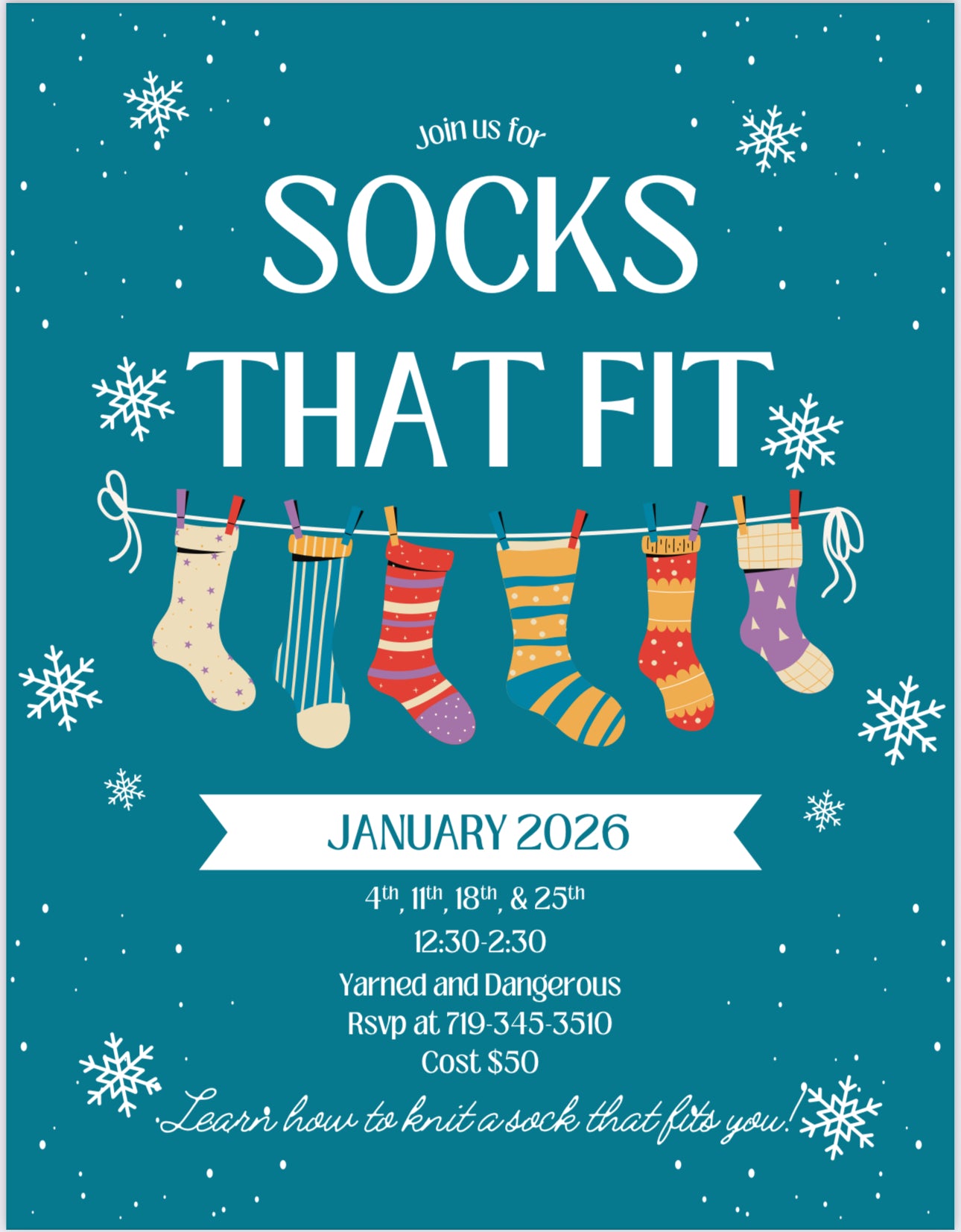 Socks That Fit Workshop - January 4th, 11th, 18th & 25th, 12:30pm-2:30pm
