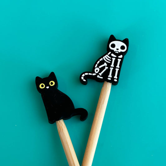 Skeleton Cat -  Halloween Knitting Needle Stoppers Point Pro
